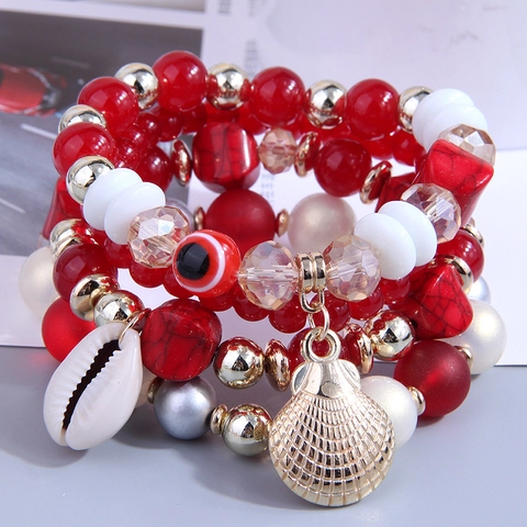 Braccialetti Con Perline Multistrato Bohemian Per Donna Lega Conchiglia Malocchio Perle Acrilico Resina Gioielli Spiaggia