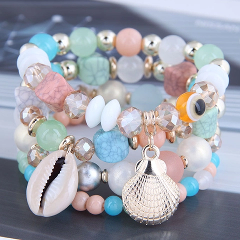 Braccialetti Con Perline Multistrato Bohemian Per Donna Lega Conchiglia Malocchio Perle Acrilico Resina Gioielli Spiaggia
