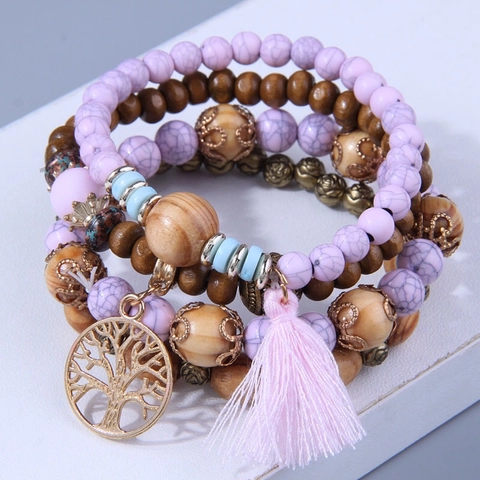 Bohemian Multilayer Beaded Bracelets With Wood Alloy Synthetic Stone Tree Of Life Charm And Tassel Ethnic Style Retro For Women
