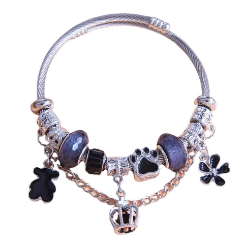 Bracelet Jonc Perles Charm Astronaute Ours Cœur Acier Alliage Ton Argent Bijoux Femmes