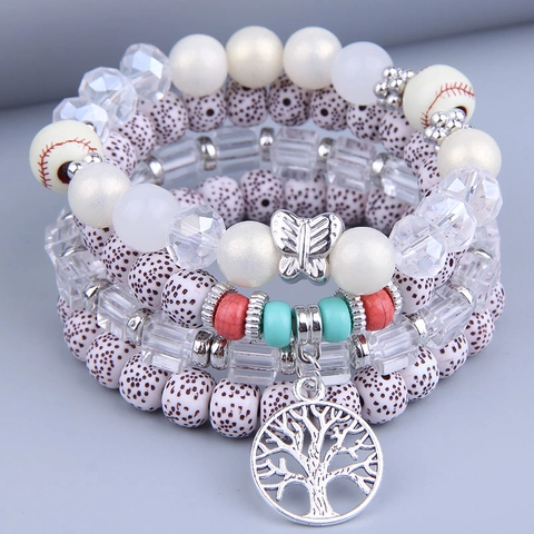 Bohemian Layered Wood Bead Bracelet For Women Alloy Tree Of Life Butterfly Charm Elastic Ethnic Summer Vacation Jewelry