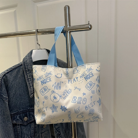 Bolso Tote De Lona Graffiti Dibujos Animados Oso Estampado Bolso De Hombro Casual Streetwear Estética Mujer Moda
