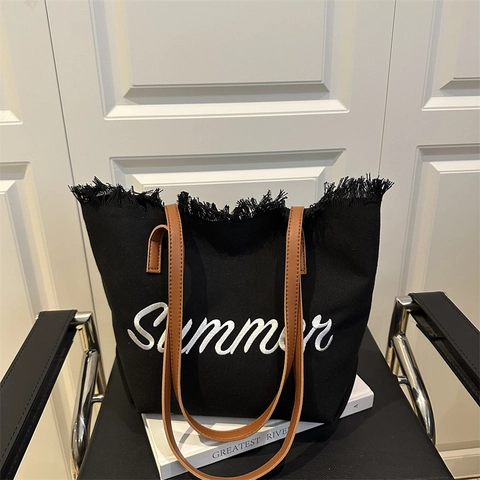 Borsa Tote In Tela Con Ricamo Lettere Estive E Bordo Con Frange Grande Capacità Borsa A Tracolla Casual Manici In Pelle
