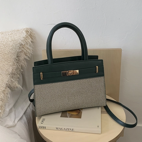 Bolso de Mano de Mujer de Cuero PU y Tela Patchwork Con Cierre de Metal Bolso de Hombro Cruzado Vintage para Conmutar