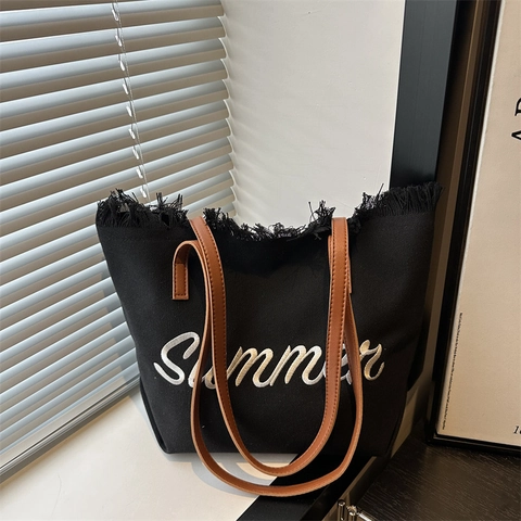 Sommer Stickerei Segeltuch Einkaufstasche Für Damen Vintage Fransen Quasten Schultertasche Große Kapazität Handtasche PU Griffe