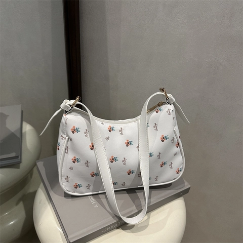 Französische Retro Blumendruck Schleife Achseltasche Für Damen PU Leder Umhängetasche Kleines Nischendesign Kirschdruck Hobo Tasche