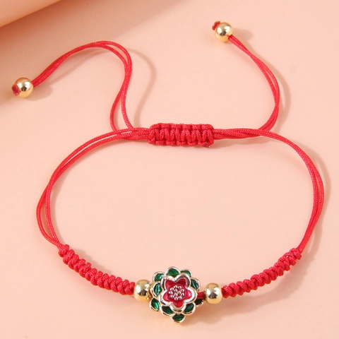 Hand Woven Red String Bracelet With Enamel Flower Pendant And Copper Beads Adjustable Luck Ethnic Style Jewelry