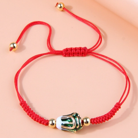 Hand Woven Red String Bracelet With Enamel Flower Pendant And Copper Beads Adjustable Luck Ethnic Style Jewelry