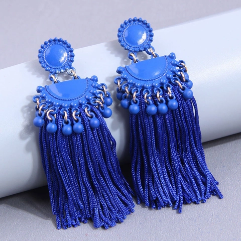 Bohemian Long Tassel Drop Earrings Alloy Geometric Satin Thread Dangle Ethnic Vintage Style Jewelry For Women