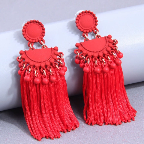 Bohemian Long Tassel Drop Earrings Alloy Geometric Satin Thread Dangle Ethnic Vintage Style Jewelry For Women