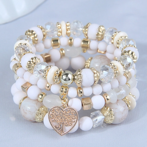 Böhmisch Mehrlagiges Perlenarmband Für Damen Legierung Glasperlen Baum Des Lebens Herz Anhänger Elastischer Ethnischer Schmuck