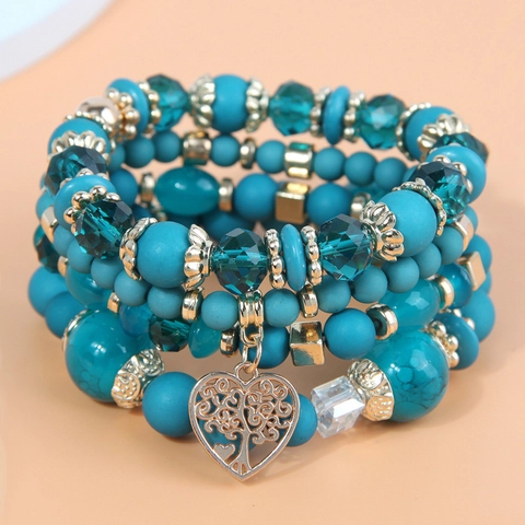 Böhmisch Mehrlagiges Perlenarmband Für Damen Legierung Glasperlen Baum Des Lebens Herz Anhänger Elastischer Ethnischer Schmuck