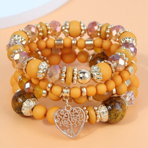 Bohemian Multi-layer Bead Bracelet Set Alloy Glass Beads Hollow Heart Tree Of Life Pendant Ethnic Jewelry For Women