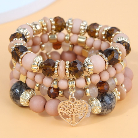 Bohemian Multi-layer Bead Bracelet Set Alloy Glass Beads Hollow Heart Tree Of Life Pendant Ethnic Jewelry For Women