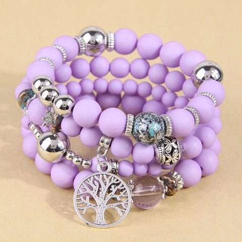 Bohemian Multi-Layer Frosted Beaded Bracelet For Women Vintage Alloy Tree Of Life Pendant Bangle Fashion Jewelry Gift