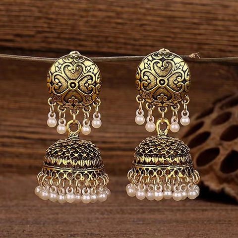 Vintage Ethnische Jhumka Glocken Ohrringe Für Frauen Legierung Mit Künstlicher Künstliche Perle Böhmischer Schmuck