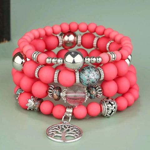 Pulsera De Cuentas Multicapa Bohemia Para Mujer Aleación Colgante Árbol De La Vida Cuentas Resina Mate Estilo Étnico Joyería Elástica
