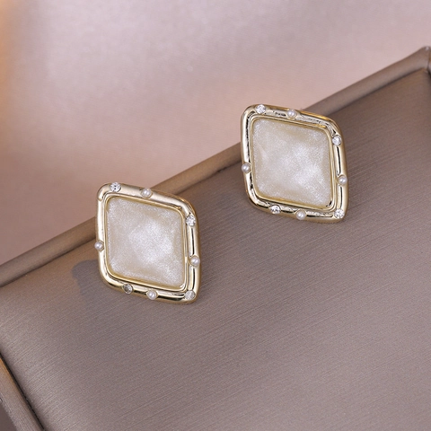 Pendientes De Rombo Con Silver Earring Post Geométrico Cobre Perla Artificial De Imitación Pedrería Elegante Vintage Mujeres