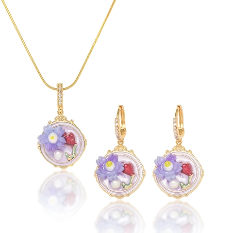 Vintage Blumenschmuck Für Damen Lila Blüten Süßwasserperlen Titanstahl Halskette Und Ohrringe Französischer Barock Stil