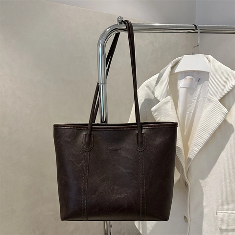 Dames Grote Capaciteit PU Leer Tote Bag Minimalistisch Vintage Woon-werkverkeer Schoudertas Bruin Zwart Kantoor Handtas