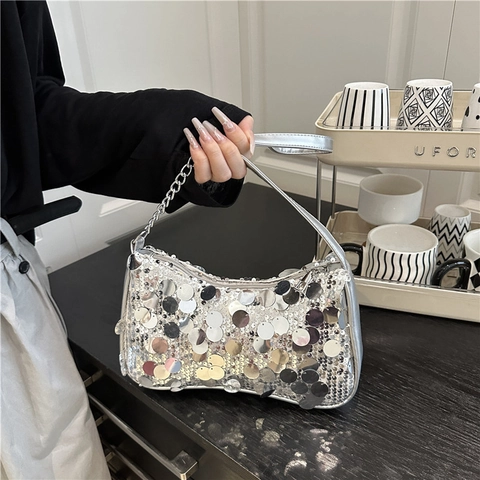 Fashion Sequin Underarm Bag For Women Glitter Evening Dinner Shoulder Bag Metallic Sparkly Purse With Chain Strap For Party Wedding