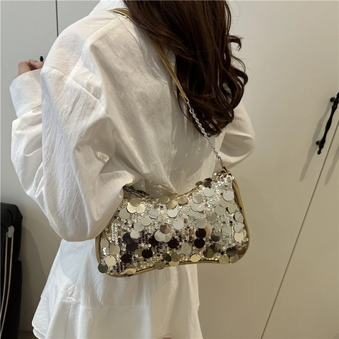 Bolso de Hombro de Lentejuelas de Moda para Mujer Bolso de Lentejuelas Grandes y Brillantes Y2K Retro Fiesta Bolso Baguette con Cadena