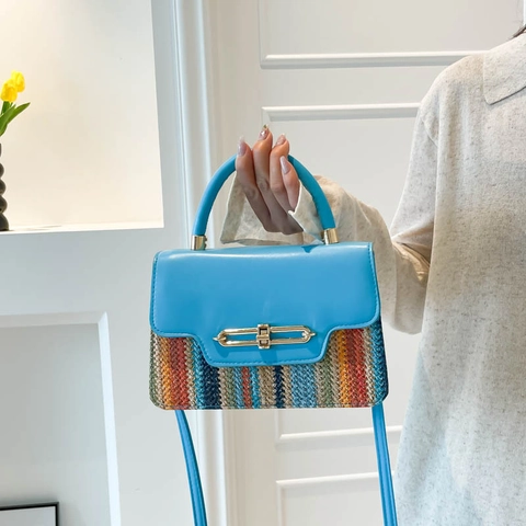 Fashion Women Rainbow Striped Woven Small Square Bag Color Contrast PU Leather Crossbody Shoulder Handbag Daily Vacation