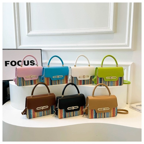 Fashion Women Rainbow Striped Woven Small Square Bag Color Contrast PU Leather Crossbody Shoulder Handbag Daily Vacation