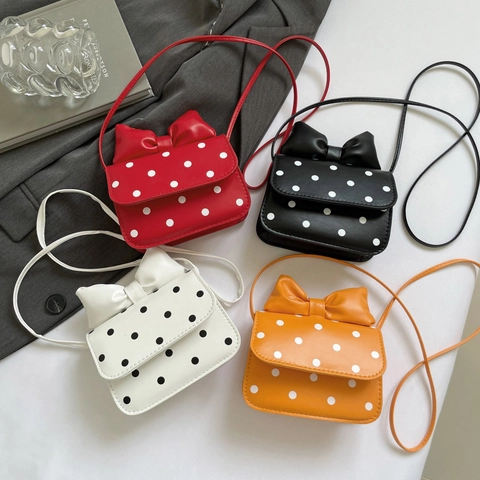 Women Mini Polka Dot Handbag Sweet Bow PU Leather Shoulder Bag Casual Crossbody Earphone Pouch For Girls Fashion Accessory