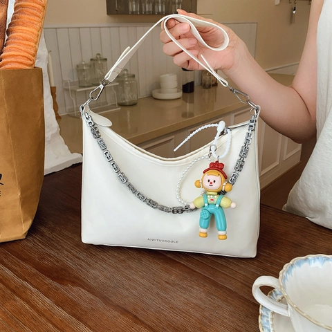 Women PU Leather Underarm Shoulder Bag Fashion Hobo Handbag With Metal Chain And Cartoon Pendant Large Capacity Crescent