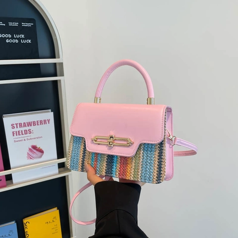 Dames Mode PU Leer Geweven Patchwork Schoudertas Contrastkleur Streep Vierkante Handtas Met Verstelbare Riem