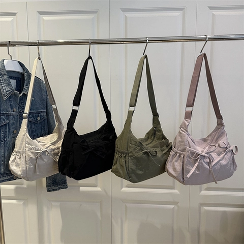Borsa a Spalla da Donna con Fiocco in Nylon Arricciata Grande Capacità Borsa a Tracolla Casual Versatile Hobo Tote da Viaggio
