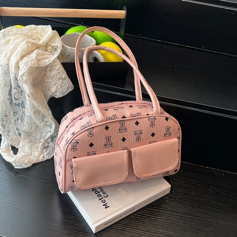 Borsa a Tracolla da Donna Retro con Monogramma Orso in Pelle PU Boston Handbag con Tasche Anteriori Casual Tote