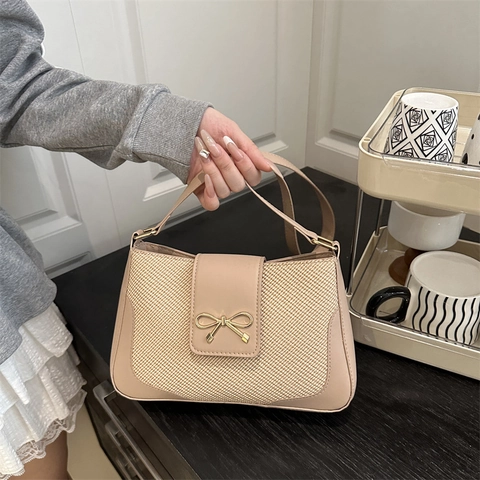 Borsa Sottobraccio Intrecciata Con Fiocco Vintage Per Donna Borsa A Tracolla In Pelle PU Patchwork Piccola Borsa A Mano Casual