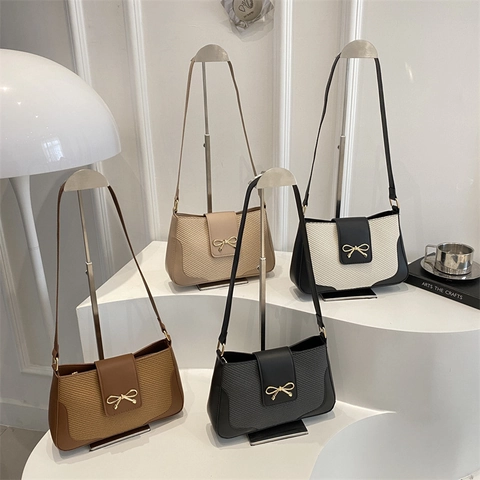 Minimalistische Damen Gewebte PU Leder Umhängetasche Mit Goldener Schleifenschnalle Retro Unterarmtasche Für Den Alltag