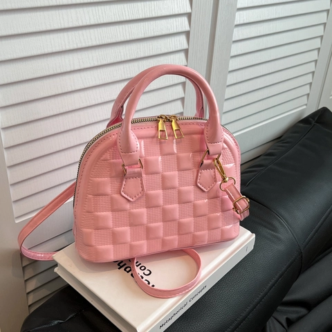 Women Quilted Shell Handbag Patent PU Leather Checkerboard Grid Pattern Crossbody Bag Shiny Small Dome Purse With Double Handles