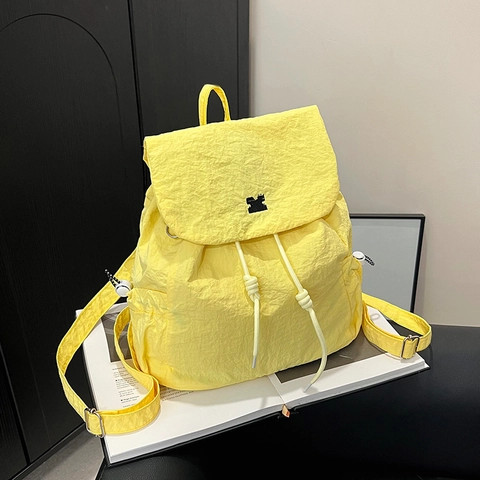 Ultra Light Wrinkled Nylon Drawstring Backpack Niche Design Grid Pattern Flap Closure Casual School Bag For Women