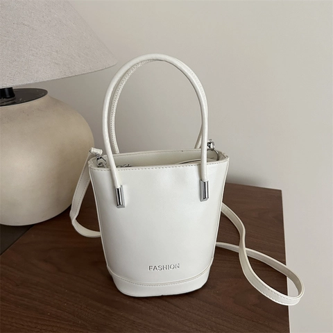 Minimalist Solid Color PU Leather Bucket Bag For Women Fashion Print Handheld Crossbody Shoulder Bag Adjustable Strap