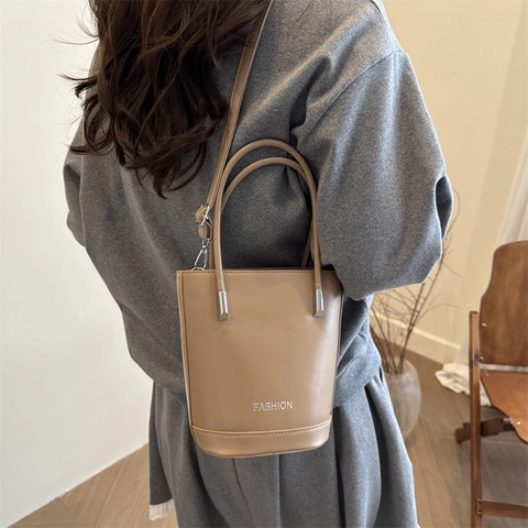 Bolso de Balde de Cuero PU Minimalista para Mujer Bolso Bandolera Retro Color Sólido Bolso Cuadrado Vertical Diario