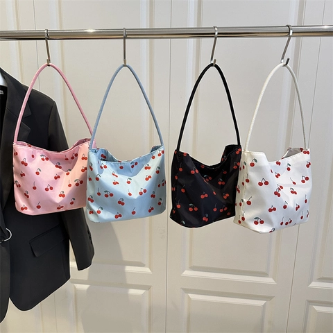 Borsa A Spalla Hobo In Nylon Con Stampa Ciliegie Per Donna Dolce Motivo Floreale Piccola Borsa A Mano Secchiello Casual Trendy