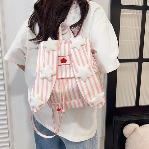 Kawaii Hasenohren Gestreifter Rucksack Für Damen Mädchen Große Kapazität Nylon Schultasche Mit Apfelstickerei Kordelzug Tagesrucksack