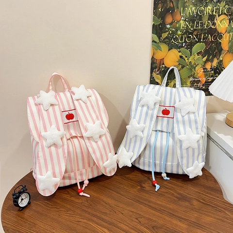 Kawaii Hasenohren Gestreifter Rucksack Für Damen Mädchen Große Kapazität Nylon Schultasche Mit Apfelstickerei Kordelzug Tagesrucksack