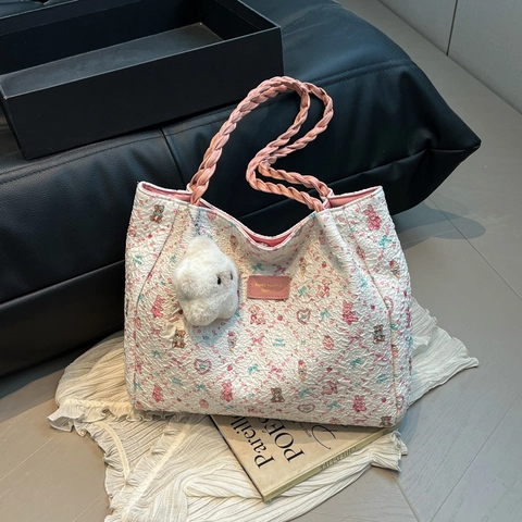 Large Capacity Oxford Cloth Tote Bag For Women Cute Cartoon Bear Floral Printed Shoulder Bag With Braided Handle Plush Charm Casual Daily Shopping Handbag