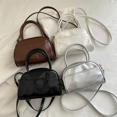 Bolso de Mano Pequeño Boston de Cuero PU Estilo Coreano Verano Chic Moda Color Sólido Brillante Bolso Bandolera para Mujer Diario