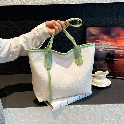 Grote Capaciteit Dames Tote Bag Reliëf Cartoon PU Leer Schoudertas Color Block Casual Woon-werkverkeer Stijlvolle Handtas