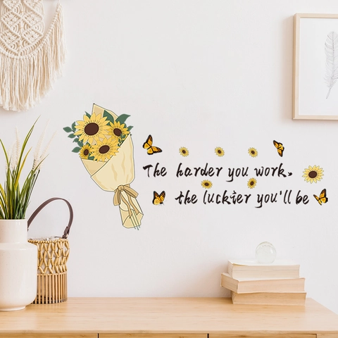 Sonnenblume Schmetterling Wandtattoo Inspirierendes Zitat The Harder You Work The Luckier You Will Be PVC Dekorative Aufkleber