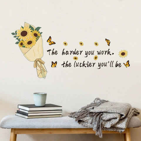 Sonnenblume Schmetterling Wandtattoo Inspirierendes Zitat The Harder You Work The Luckier You Will Be PVC Dekorative Aufkleber