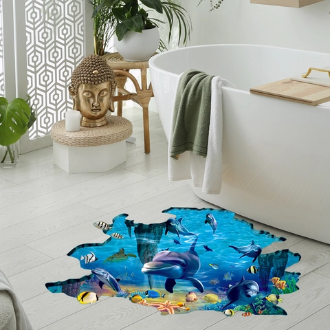 Sticker De Sol 3D Monde Océanique Dauphin Poisson PVC Imperméable Autocollant Illusion Visuelle Décor De Salle De Bain