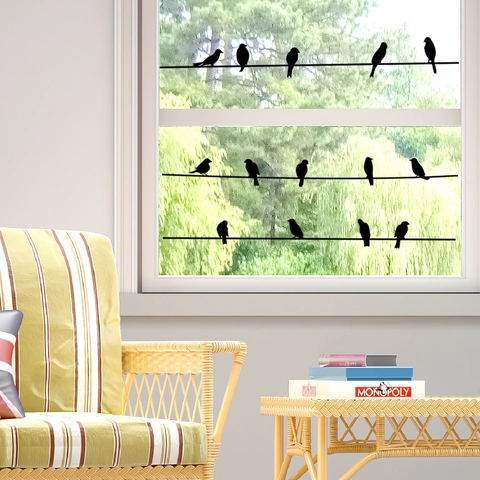 Oiseaux Sur Un Fil Silhouette Stickers Muraux Noir PVC Décalcomanies De Fenêtre Décoration Salon Moderne Art Verre