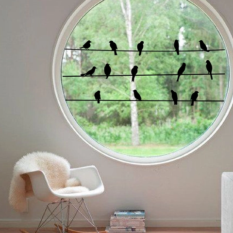 Oiseaux Sur Un Fil Silhouette Stickers Muraux Noir PVC Décalcomanies De Fenêtre Décoration Salon Moderne Art Verre